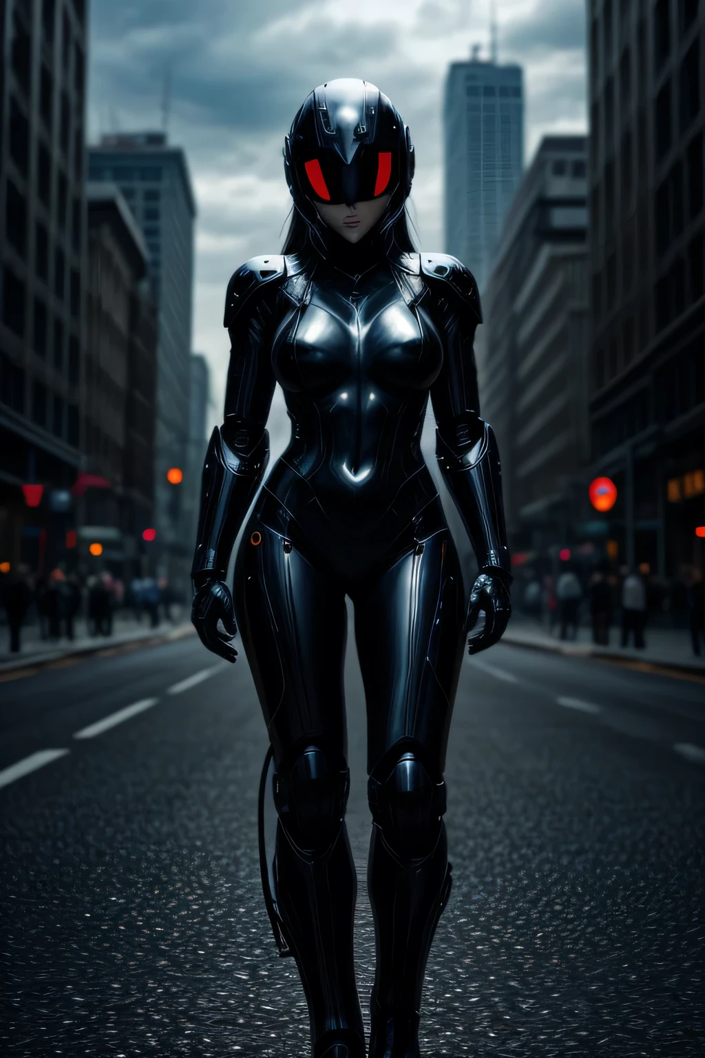 a female broken robot with shiny black liquid metal skin, large breasts, full body shot, futuristic cityscape background, wearing a full face helmet, highly detailed, 8k, cinematic lighting, photorealistic, intricate details, action pose, Liquid metal flowing from broken exterior.