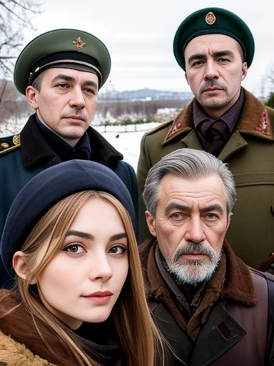group of Russian men and women gathered, focus on the characters' faces.