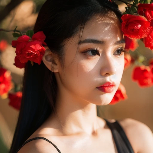 Thai woman, 25 years old, has a clear focus on her face., Long ponytail blows up, dark red tank top, Looking straight at you intently, with red flowers, ชนบทท้องฟ้ากลางคืนสว่างWarm light,) Warm light,)  professional lighting, Sony A7R4, 50mm sessile lens. Warm light ถ่ายด้วยกล้องคุณภาพสูง 45,000,000,000,Pixels, realistic light colors,