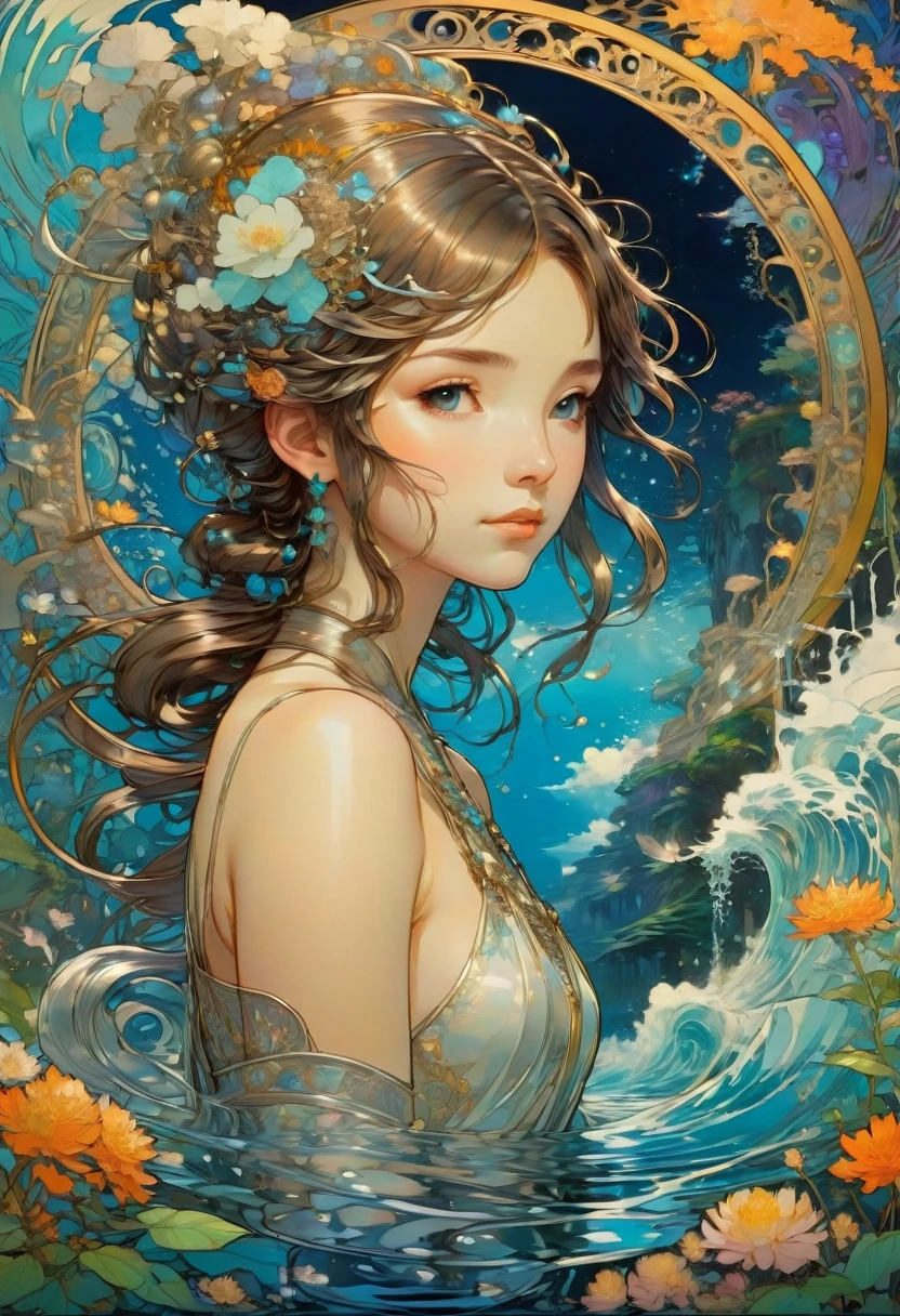 liquid metal, by Studio Ghibli and Alphonse Mucha, best quality, masterpiece, very aesthetic, perfect composition, intricate details, ultra-detailed