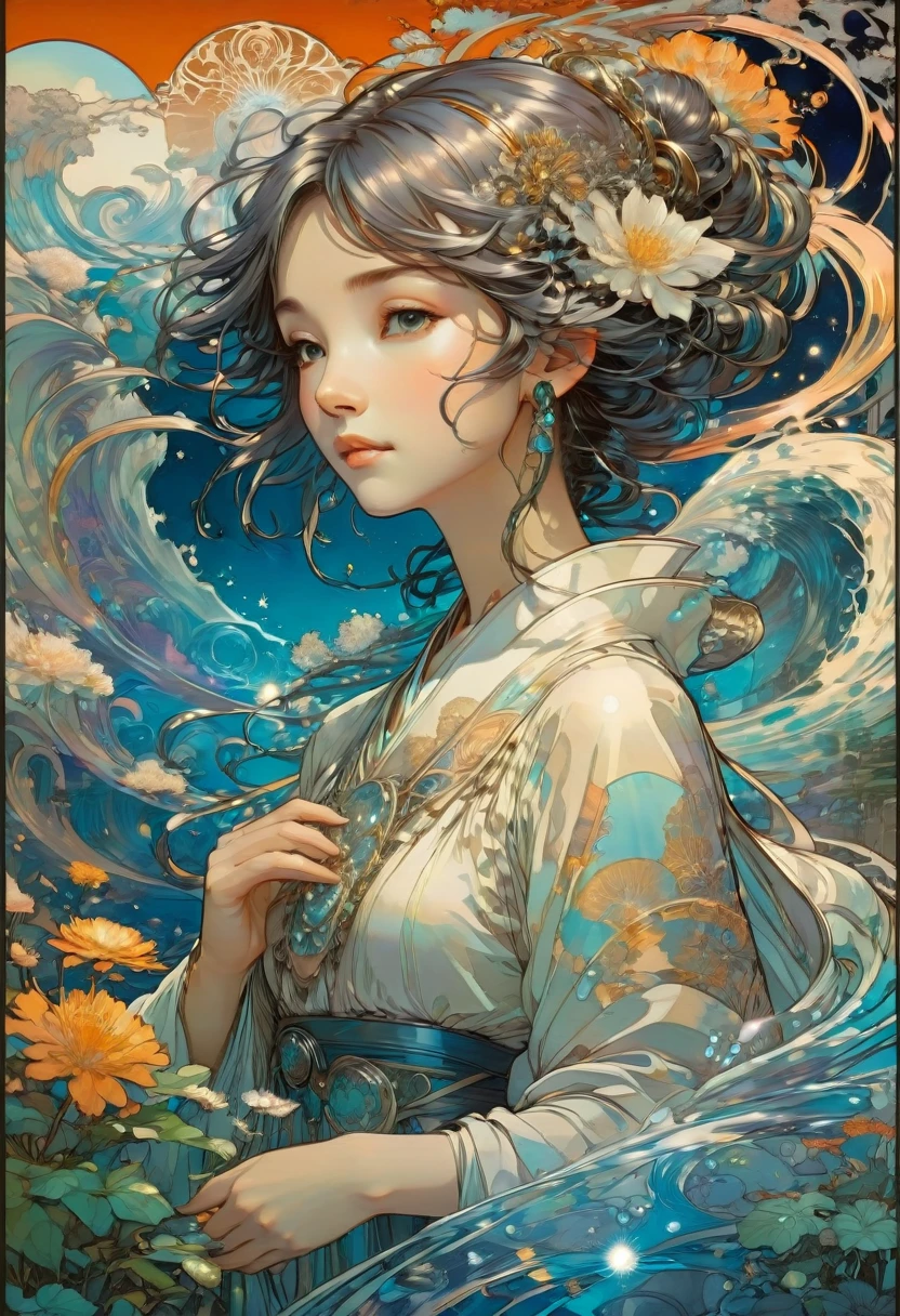 liquid metal, by Studio Ghibli and Alphonse Mucha, best quality, masterpiece, very aesthetic, perfect composition, intricate details, ultra-detailed