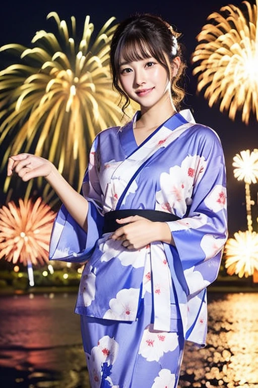 high quality、masterpiece、High sensitivity、One Woman、Japanese、round face、Small 、Thin thighs、yukata、Fireworks display、Opening a store