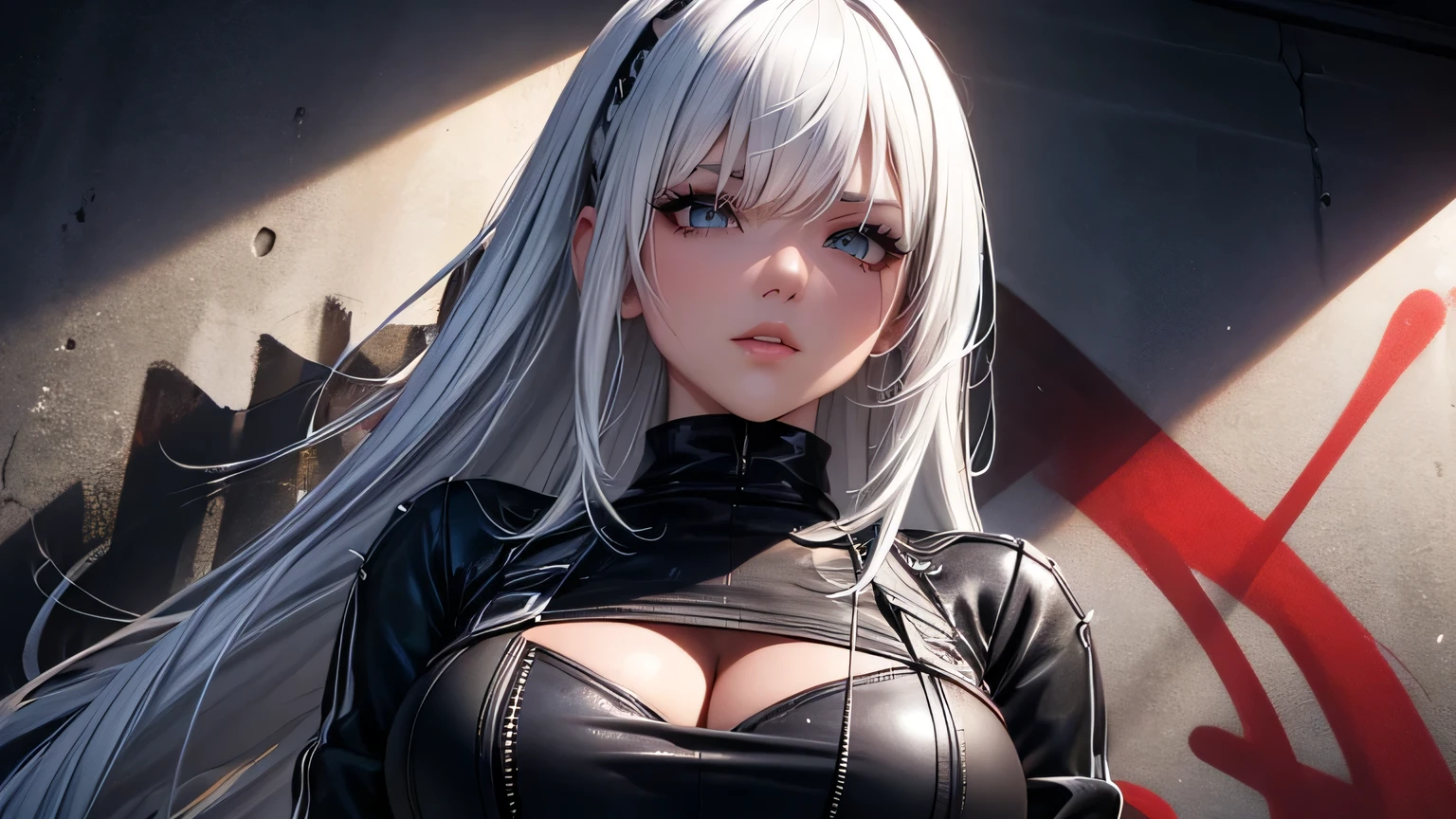 Sexy woman,Black and white hair, Cinema Lighting, Ultra-high resolution, Accurate, Super detailed, Textured skin, High detail, highest quality, 8k,Thin bangs, Detailed Hair,Focus on the face,Graffiti WallHIP-HOP Fashion,Ripped jeans,Alley,Angle from below,