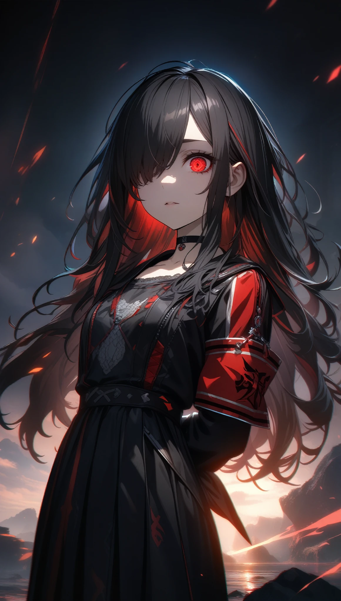 32k, best quality, ultra high res, HDR, UHD, extremely detailed CG, unity 32k wallpaper, highest quality, Intricate details, chromatic aberration, One girl, Long Hair, Black Hair, Messy Hair, Red highlights, Hair on one eye, Red eyes, Sharp eyes, choker,, , Armband, Put your arms behind your back, Arms tied,  