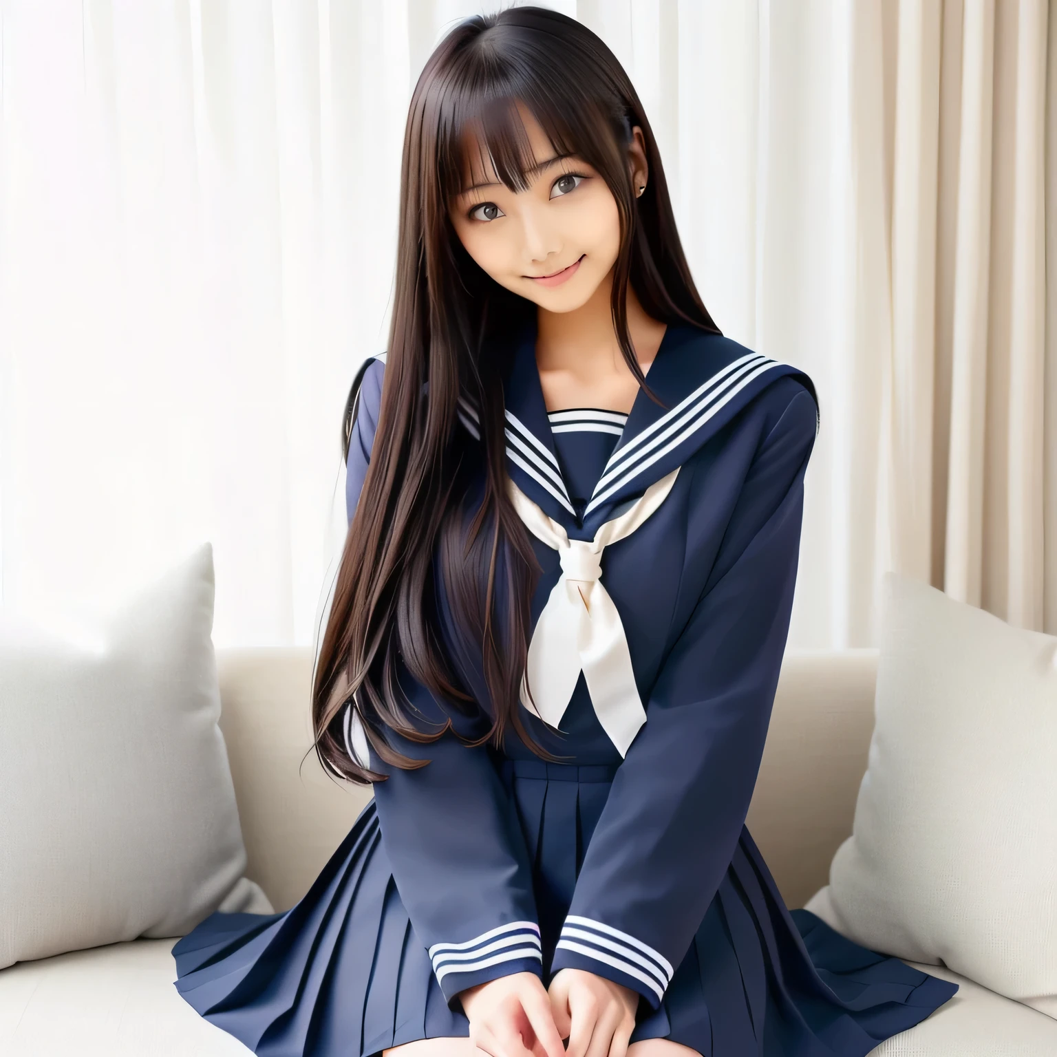 An Asian woman in her 50s wearing a Sailor suit sitting on a sofa, loose coat collar Sailor suit, Japanese girls uniform, Japanese , Sailor suit, Acquire Japanese language skills , Beautiful anime school girl, JK Uniform, Anime Girl Cosplay, Crew suits, Magic , Seifuku, female Sailor suits, Real life anime girls, Girl in uniform
