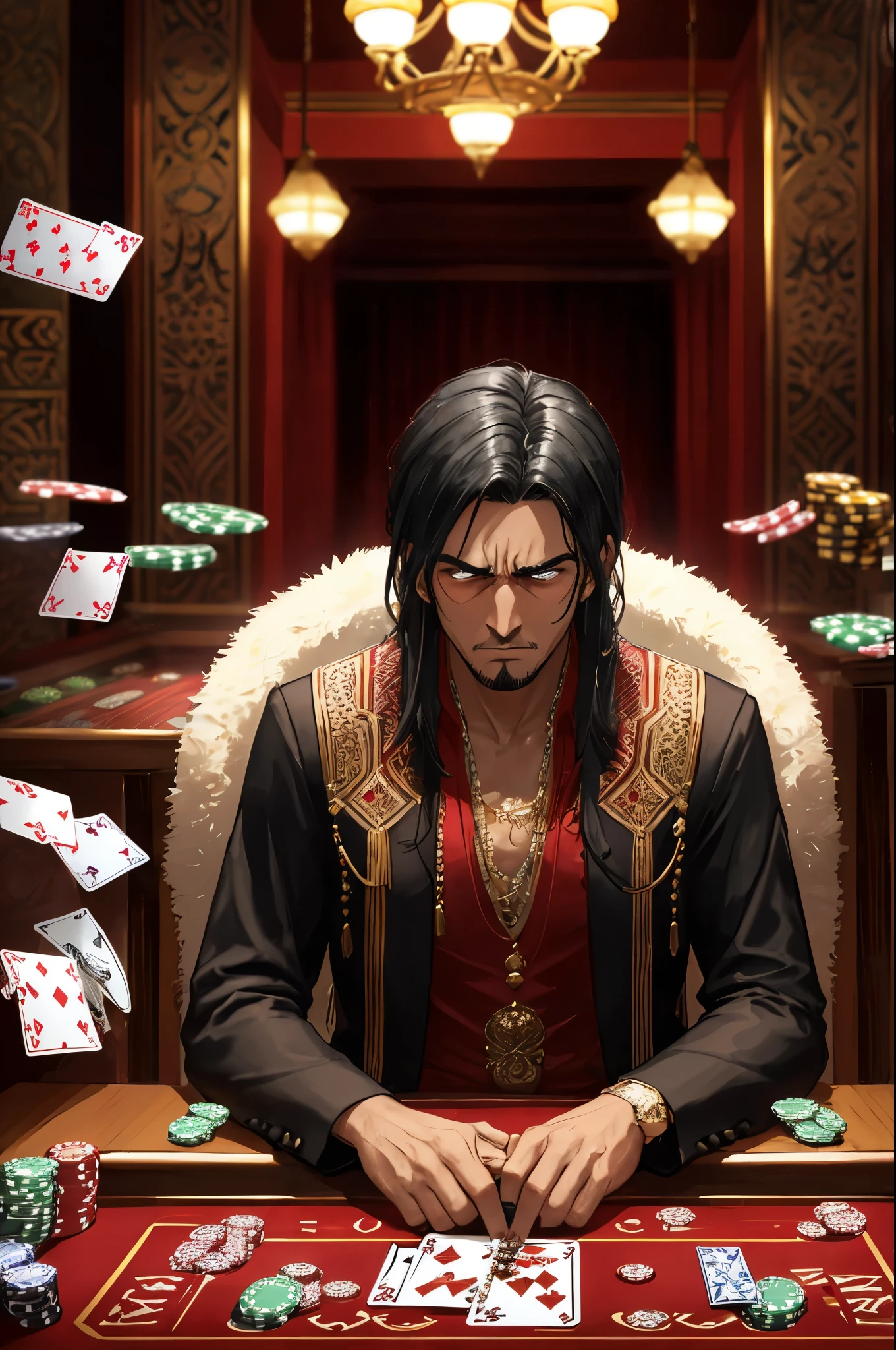 Create a dramatic movie poster featuring a Moroccan gambler, dressed in traditional Moroccan attire, sitting at a casino table with a troubled expression. His face is marked by tension and desperation, surrounded by scattered playing cards, loan notices, and debt statements. Behind him, in a contrasting light, stands his wife, dressed in traditional Moroccan clothing, with a look of anger and sorrow. The background merges the opulent yet shadowy atmosphere of the casino with elements of their home, symbolizing the clash between his gambling addiction and domestic turmoil. The title, "Bets and Betrayals," is boldly displayed at the top, with a tagline below: "Caught between fortune and family."