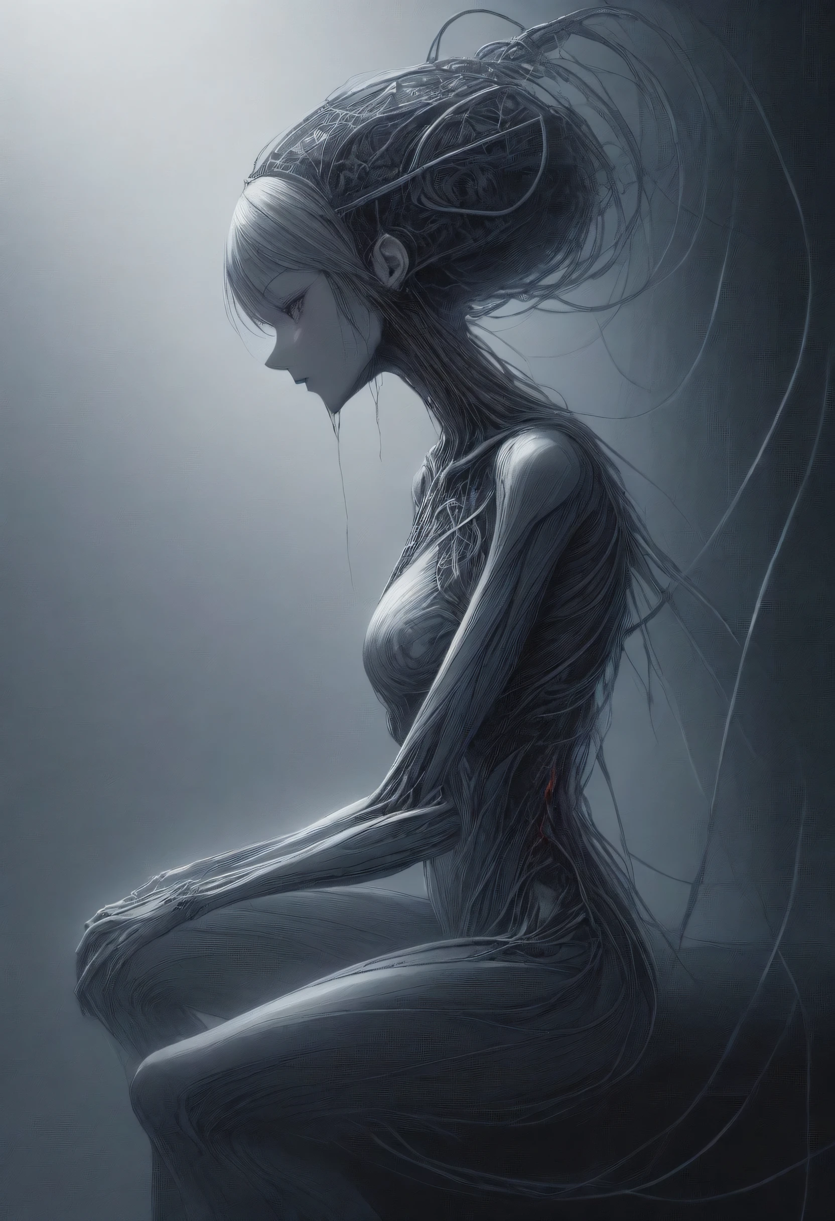 (masterpiece, top quality, best quality, official art, beautiful and aesthetic:1.2), (1girl:1.3), extreme detailed,colorful,highest detailed ((ultra-detailed)), (highly detailed CG illustration), ((an extremely delicate and beautiful)),(from side),cinematic light,((1mechanical girl)),solo,full body,(machine made joints:1.2),((machanical limbs)),(silver blood vessels connected to tubes),(mechanical vertebra attaching to back),((mechanical cervial attaching to neck)),(sitting),expressionless,(wires and cables attaching to neck:1.2),(wires and cables on head:1.2)(character focus),science fiction,white background,(silver blood:1.5), broken building, Spewing liquid metal