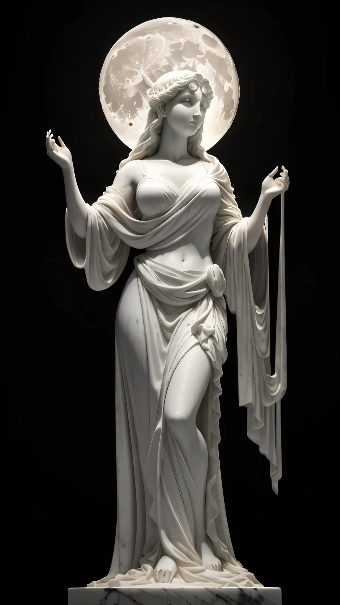 A highly realistic Greek white marble sculpture features a young woman, embodying an ethereal beauty under the soft glow of the moonlight. Clad in a diaphanous robe, reminiscent of ancient Grecian attire, she exudes a sense of contemplative serenity. The moon, in all its full grandeur, casts a subtle, cool light on her sculpted features, playing off the ghostly fabric of her robe. The backdrop, a neutral tone, allows her to stand out, creating a moody yet dreamy scene. The image, of superior quality and captured in 8K resolution, showcases an intricate level of detail, from the delicate curve of her