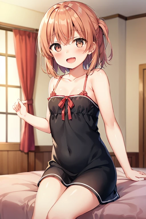 ((highest quality)), ((masterpiece)), (be familiar with), Perfect Face, indoor, Bedroom, Watching the audience,
One woman, Yuigahama Yui,
Open Mouth, Ecstatic expression, blush, smile,
Small breasts, Flat Chest, Young Girl, , , Girl,
Short Hair, Salmon-colored hair, Salmon-colored eyes, Side Pony,
Leg spread,