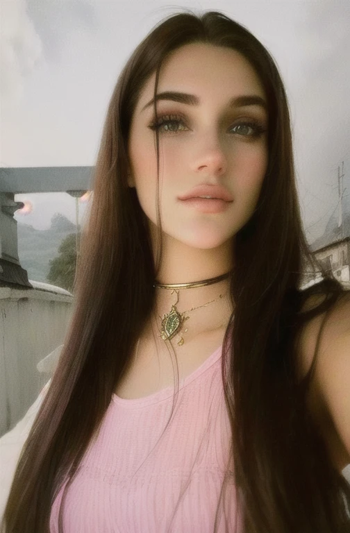 (Obra Prima, Melhor Qualidade, 4K, Realista), Litografia realista, Mulher com cabelos compridos e um top rosa posando para uma foto, Kailee Mandel, no estilo de Petra Collins, 18 anos de idade, Cristina Kritkou, 1 6 anos, 2 modelo feminino de 4 anos, imagem de qualidade muito baixa, Bella Poarca, fotografia de baixa qualidade, charli bowater, com longos cabelos escuros, Violeta Myers