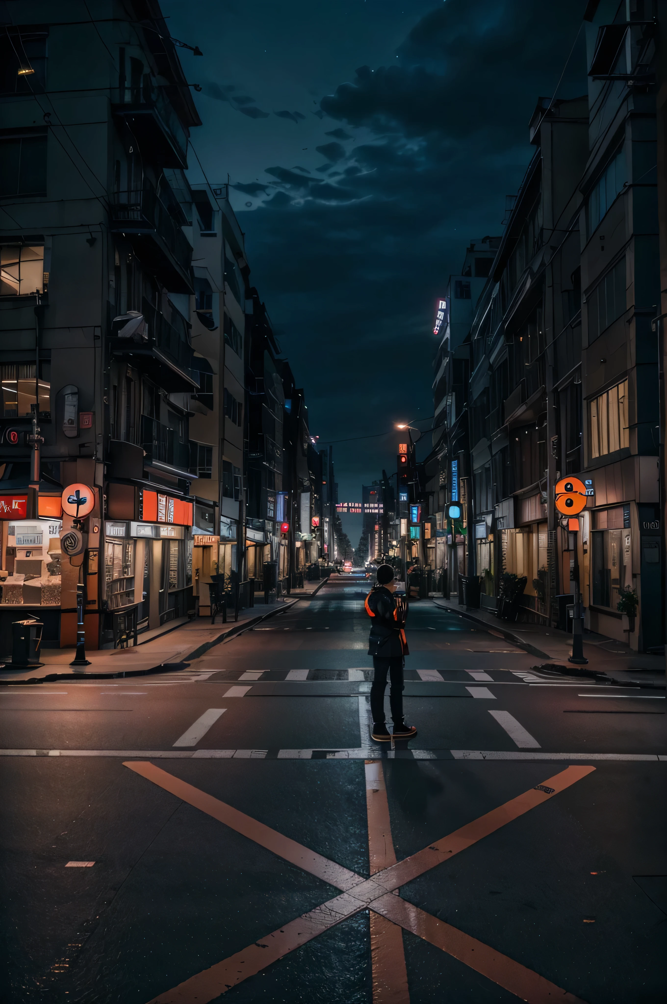 (8k, RAW photo, best quality, masterpiece:1.2), cityscape, night, professional lighting, photon mapping, radiosity, physically-based rendering, street, building, tokyo, orange neon
