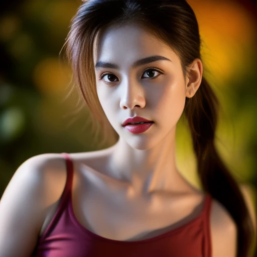 Beautiful Thai woman, 25 years old, with a clearly focused face., Her long ponytail flowed up., dark red tank top, Looking straight at you intently, with red flowers, ชนบทท้องฟ้ากลางคืนสว่างWarm light,) Warm light,) professional lighting, Sony A7R4, 50mm sessile lens. Warm light ถ่ายด้วยกล้องคุณภาพสูง 45,000,000,000,Pixels, realistic light colors,