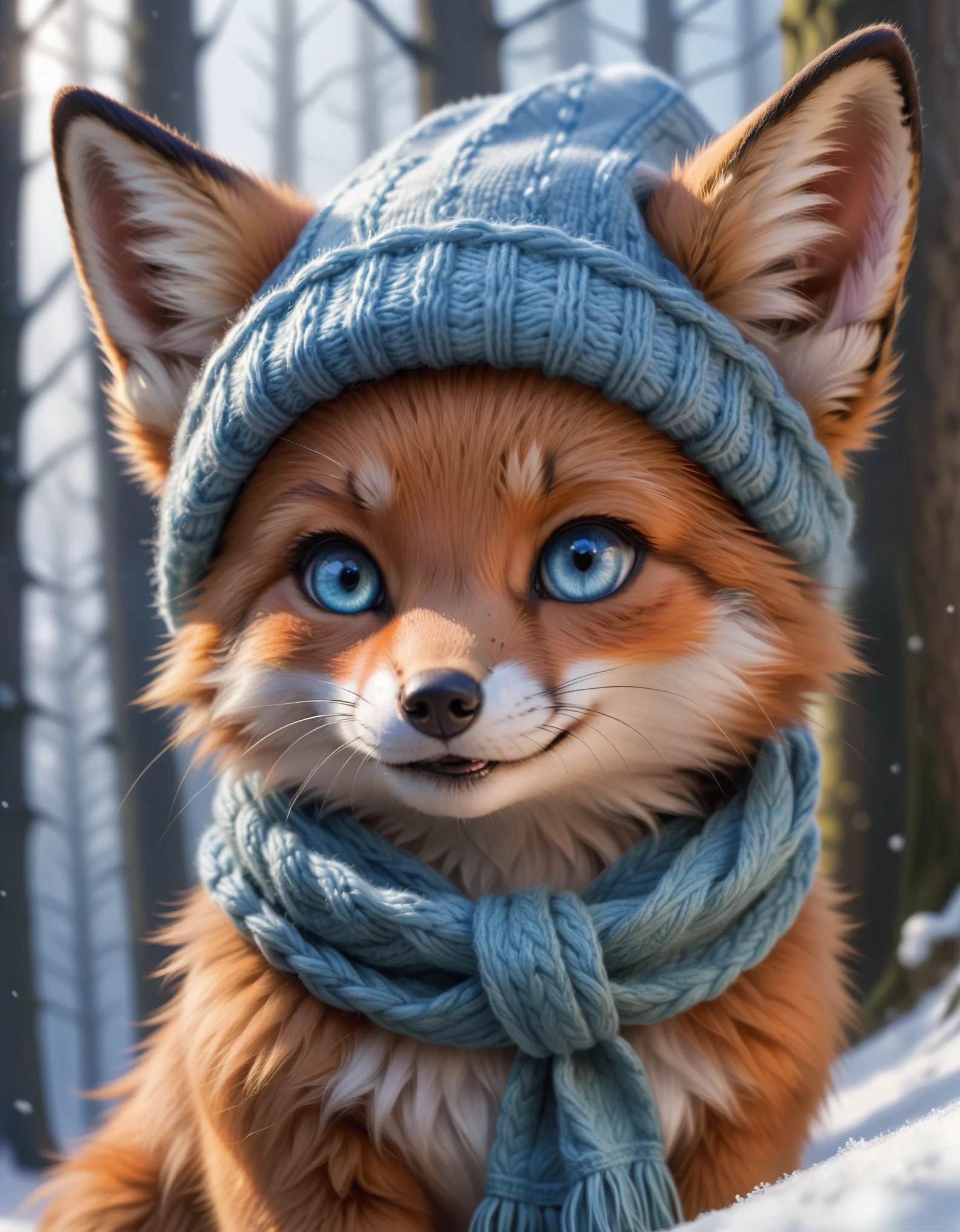 (masterpiece:1.1), (highest quality:1.1), (HDR:1.0), (masterpiece photo:1.3) of (ultra detailed look:1.3), (cosy:1), a cute and adorable tiny fox, in forest, close up, detailed eyes, sharp focus, blue scarf, cute hat, (airy colors)