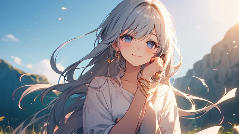 A beautiful anime woman with a bright smile, her hair swaying in the gentle breeze as she listens to her favorite music in a peaceful meadow. The sun shines down on her, casting a warm glow on her relaxed and content expression.