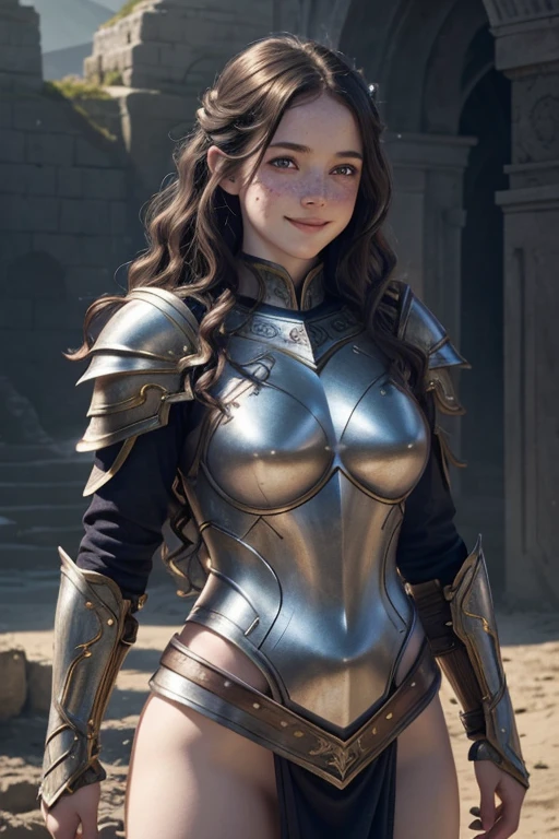 a young girl with pale skin, freckles, dark hair, blue eyes, rosy cheeks, wavy hair, smiling, nude, fantasy warrior armor, high resolution, photorealistic, detailed face, detailed skin, highly detailed, intricate details, cinematic lighting, dramatic colors, dark fantasy