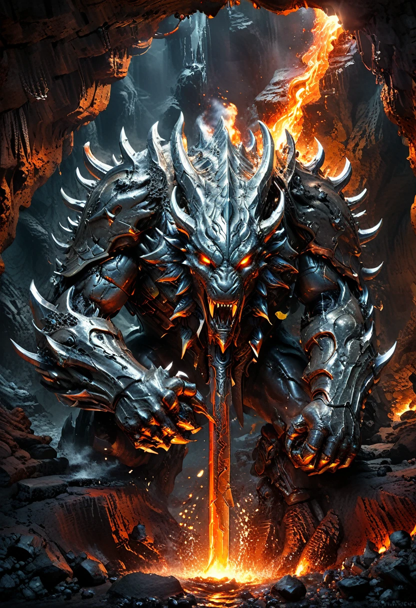 deep inside an ancient cave, big (Liquid Metal:1.4) The beast sleeps quietly. When an outsider enters this area with malicious intent,, Suddenly you will wake up, Its body rolls like boiling lava., Mr.々Quickly condense into a suitable weapon or shield, Protect this land from encroachment, (masterpiece, Highest quality, Professional, Perfect composition, so beautiful, Absurd, Very detailed, Intricate details:1.3)