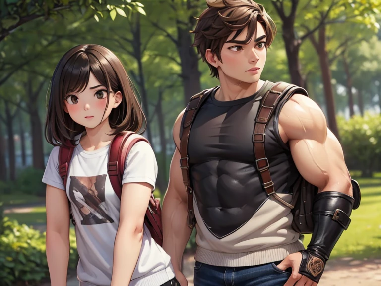 masterpiece; Style: daily; necessary background: Nature of Russia, middle lane, random landscape; обязательный Style одежды: sweatshirt, jeans, hiking boots, fingerless gloves, backpack; Characters: 1 effeminate guy(defenseless look) and 1 muscular girl(sexy look)(quite capable of walking half ?????) (absolute similarity(twins)) Brother and sister, very tousled brown tousled hair, Brown eyes, round beautiful face, muscular proportional athletic trained body, trained arms and legs, Graceful fingers, aesthetic proportional small wide nose, plump lips; aesthetic completeness, perfect face; Free standing pose, Interaction with each other; many small details, Intricate details; high quality textures, high detail, realistic human ???????, realistic textures, daylight, increased image clarity