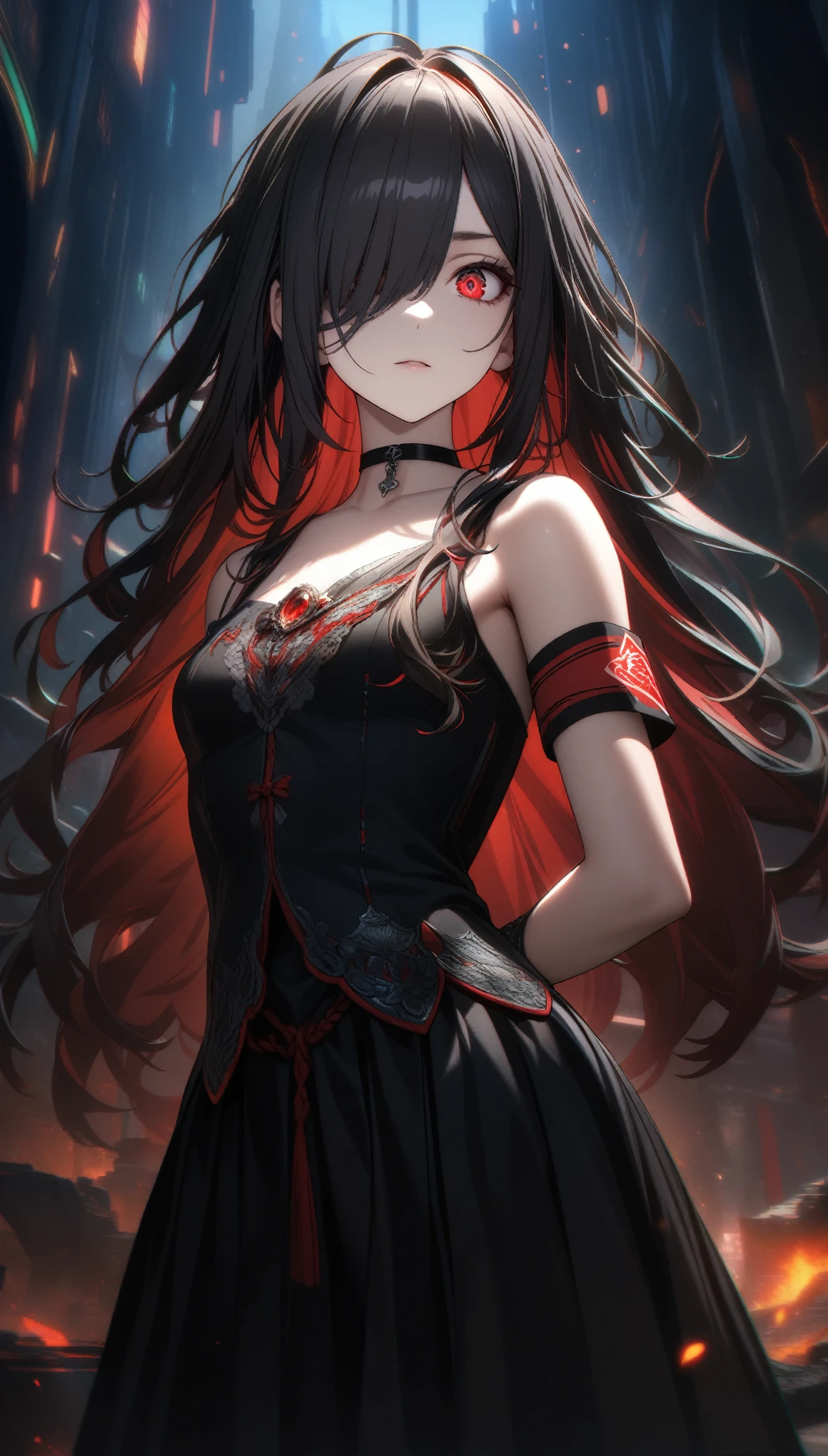 32k, best quality, ultra high res, HDR, UHD, extremely detailed CG, unity 32k wallpaper, highest quality, Intricate details, chromatic aberration, One girl, Long Hair, Black Hair, Messy Hair, Red highlights, Hair on one eye, Red eyes, Sharp eyes, choker,, , Armband, Put your arms behind your back, Arms tied,