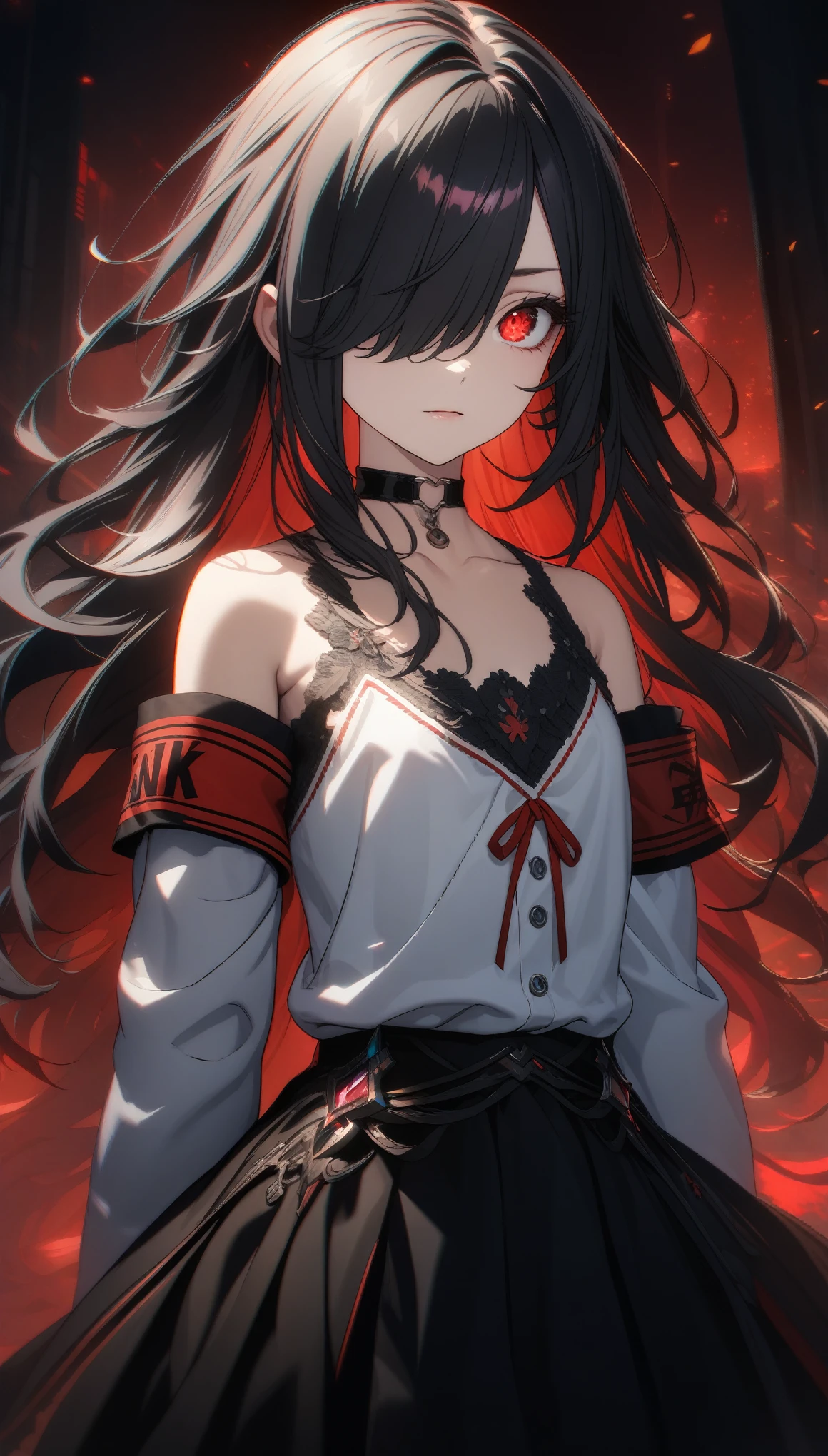32k, best quality, ultra high res, HDR, UHD, extremely detailed CG, unity 32k wallpaper, highest quality, Intricate details, chromatic aberration, One girl, Long Hair, Black Hair, Messy Hair, Red highlights, Hair on one eye, Red eyes, Sharp eyes, choker,, , Armband, Put your arms behind your back, Arms tied,