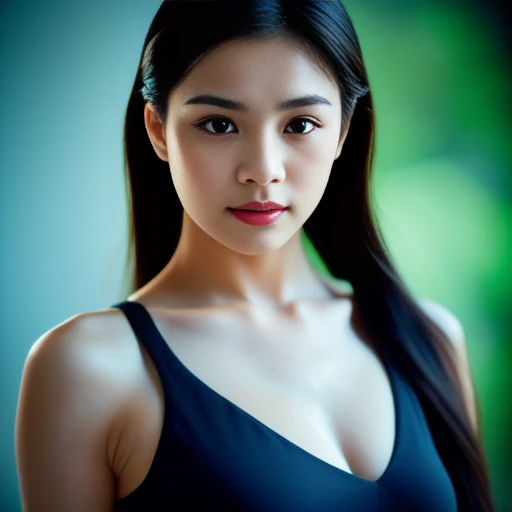 Beautiful Thai woman, 25 years old, with a clearly focused face., Her long ponytail flowed up., dark blue tank top, Looking straight at you intently, with red flowers, ชนบทท้องฟ้ากลางคืนสว่างWarm light,) Warm light,)  professional lighting, Sony A7R4, 50mm sessile lens. Warm light ถ่ายด้วยกล้องคุณภาพสูง 45,000,000,000,Pixels, realistic light colors,