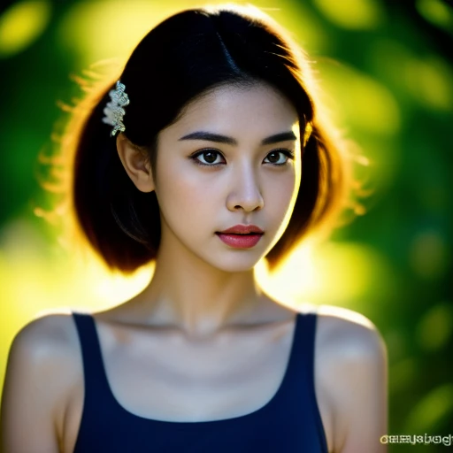 Beautiful Thai woman, 25 years old, with a clearly focused face., Her long ponytail flowed up., dark blue tank top, Looking straight at you intently, with red flowers, ชนบทท้องฟ้ากลางคืนสว่างWarm light,) Warm light,)  professional lighting, Sony A7R4, 50mm sessile lens. Warm light ถ่ายด้วยกล้องคุณภาพสูง 45,000,000,000,Pixels, realistic light colors,