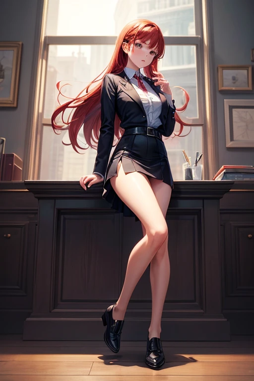 Full body drawing, (masterpiece), (best quality), (hyperdetail), (illustration))), (1 girl: 1.5), (solo: 1.2), (prefect's body), full body drawing, secretary outfit, mini skirt, redhead