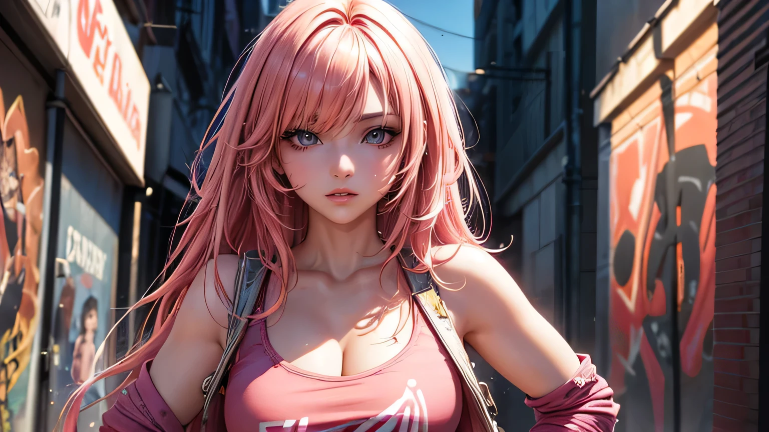 Sexy woman,Beautiful pink and golden hair Cinema lighting, Ultra-high resolution, Accurate, Super detailed, Textured skin, High detail, highest quality, 8k,Thin bangs, Detailed Hair,Focus on the face,Graffiti WallHIP-HOP Fashion,Ripped jeans,Alley,Oblique angle,