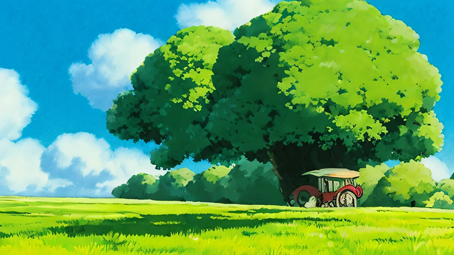 Draw an illustration in the style of Studio Ghibli. The scene should feature an elderly man sitting peacefully in a lush, green countryside, reminiscent of 'Whisper of the Heart'. He should be wearing simple, comfortable clothing with a hat and glasses, holding a fishing rod. Surround him with vibrant, detailed foliage and a serene blue sky with fluffy clouds. Ensure the overall atmosphere is tranquil and nostalgic, capturing the essence of rural life and nature’s beauty, 8k, ghibli style