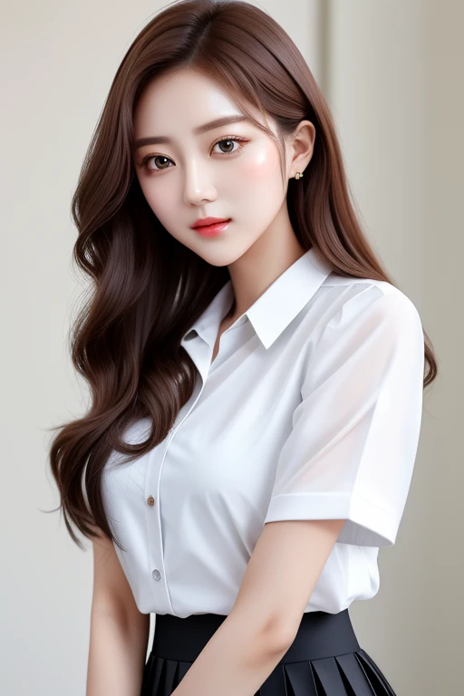((highest quality)), ((masterpiece)), (detailed), SLR、whole body、wallpaper、Attention to detail、Attention to detail、Serious look、Perfect proportions、Tight waist、Chestnut Hair、Beautiful Hair、Beautiful Skin、Beautiful white skin、Lustrous lips、russian actresasterpiece:1.3), Best image quality: 1.3, Rough hairstyles、Bust Size:1.2、Actively moving、Y-shirts and skirts