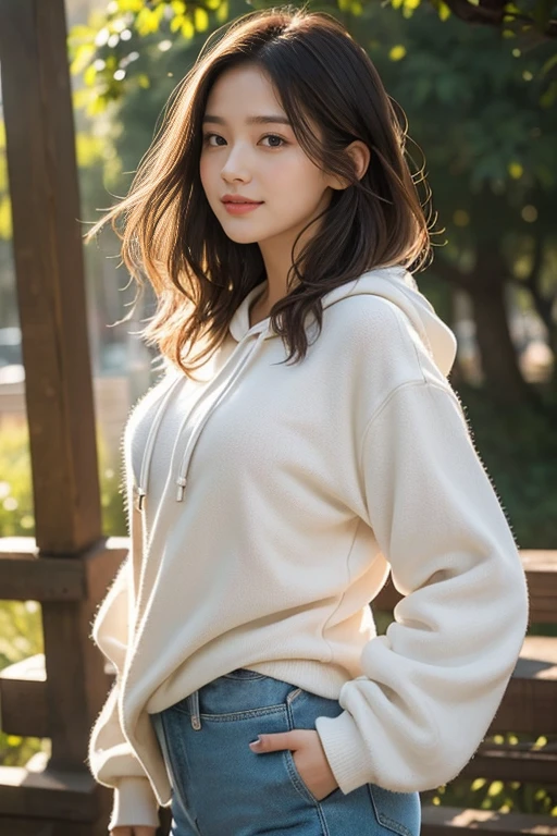 ((8K)),Film photography, 1 girl, (Hoodie:1.2), (short skirt), upper legs, navel,necklace, Earrings, Seductive smile, Medium breast, full bodyesbian, drunk blush:1.5, black wavy shoulder-length hair, serene, calm, (Realistic detailed eyes, Natural skin texture, Realistic face details), Soft dramatic lighting, Depth of field, Bokeh, vibrant detail, finely detailed, Hyperrealistic
