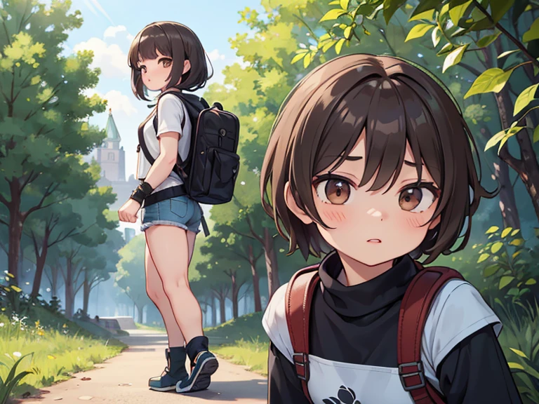 masterpiece; Style: daily; necessary background: Nature of Russia, middle lane, random landscape; обязательный Style одежды: sweatshirt, jeans, hiking boots, fingerless gloves, backpack; Characters: 1 effeminate guy(defenseless look) and 1 muscular girl(sexy look)(quite capable of walking half naked) (absolute similarity(twins)) Brother and sister, very tousled brown tousled hair, Brown eyes, round beautiful face, muscular proportional athletic trained body, trained arms and legs, Graceful fingers, aesthetic proportional small wide nose, plump lips; aesthetic completeness, perfect face; Free standing pose, Interaction with each other; many small details, Intricate details; high quality textures, high detail, realistic human ???????, realistic textures, daylight, increased image clarity
