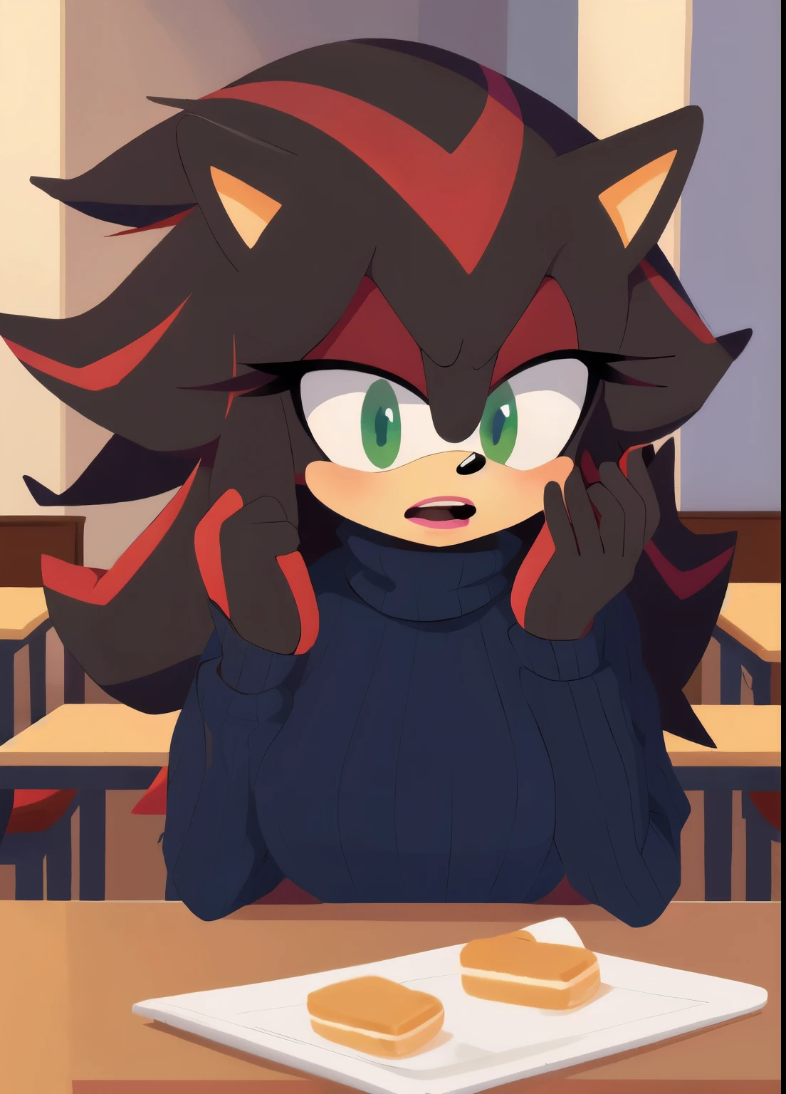 score_9, score_8_up, 2D, flat color, cafe background, looking at viewer, 1girl, very detailed, extremely detailed, Shadow the Hedgehog from the sonic the hedgehog series, Shadow the hedgehog but female, Female Shadow, portrait, cut off body, shocked expression, puzzled expression, sound lines, open mouth, makeup, light on the lipstick, hair down, long hair, turtleneck sweater, sitting at table, on a date, large bust, milf, looking down at her chest