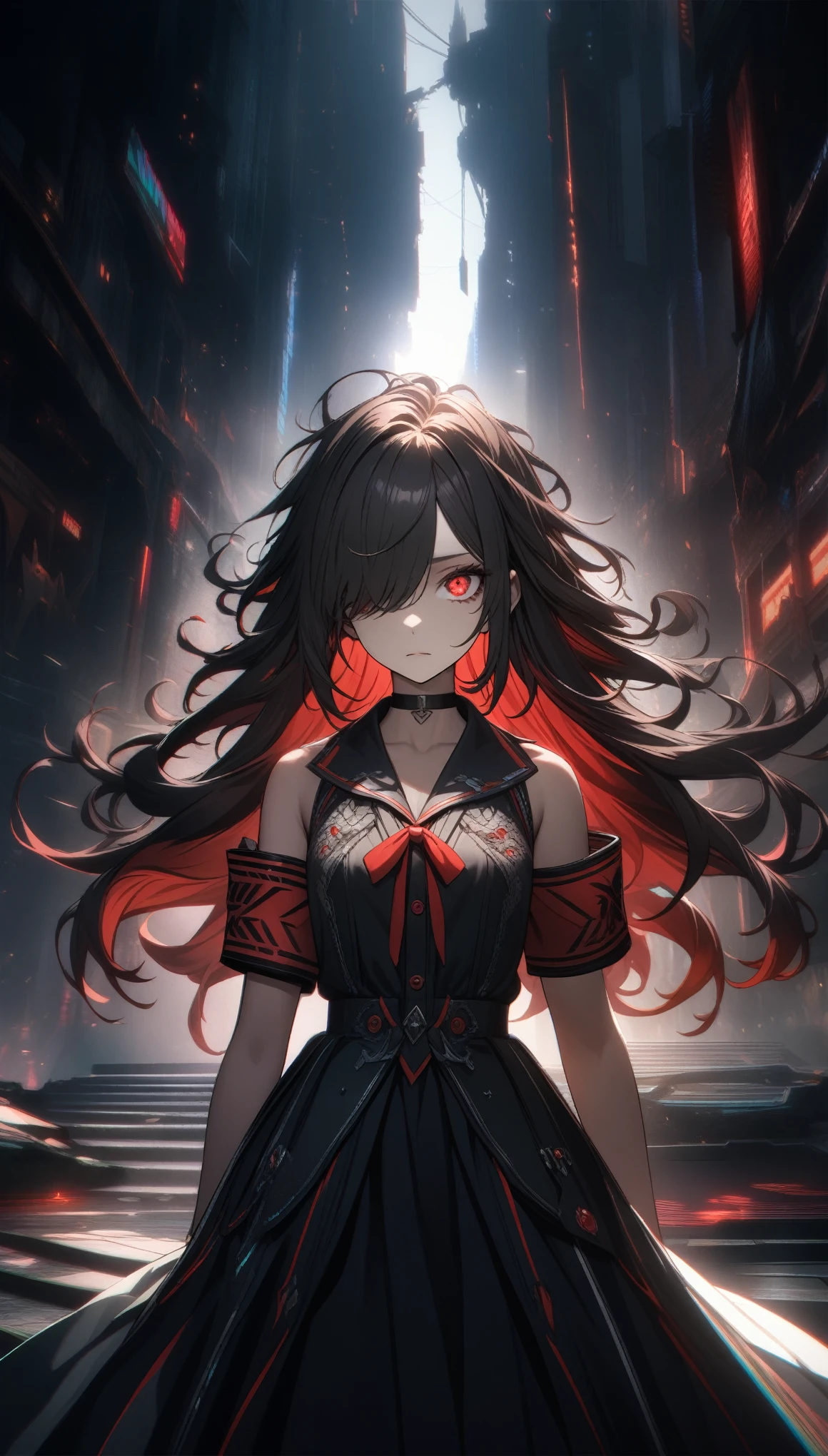 32k, best quality, ultra high res, HDR, UHD, extremely detailed CG, unity 32k wallpaper, highest quality, Intricate details, chromatic aberration, One girl, Long Hair, Black Hair, Messy Hair, Red highlights, Hair on one eye, Red eyes, Sharp eyes, choker,, , Armband, Put your arms behind your back, Arms tied,  