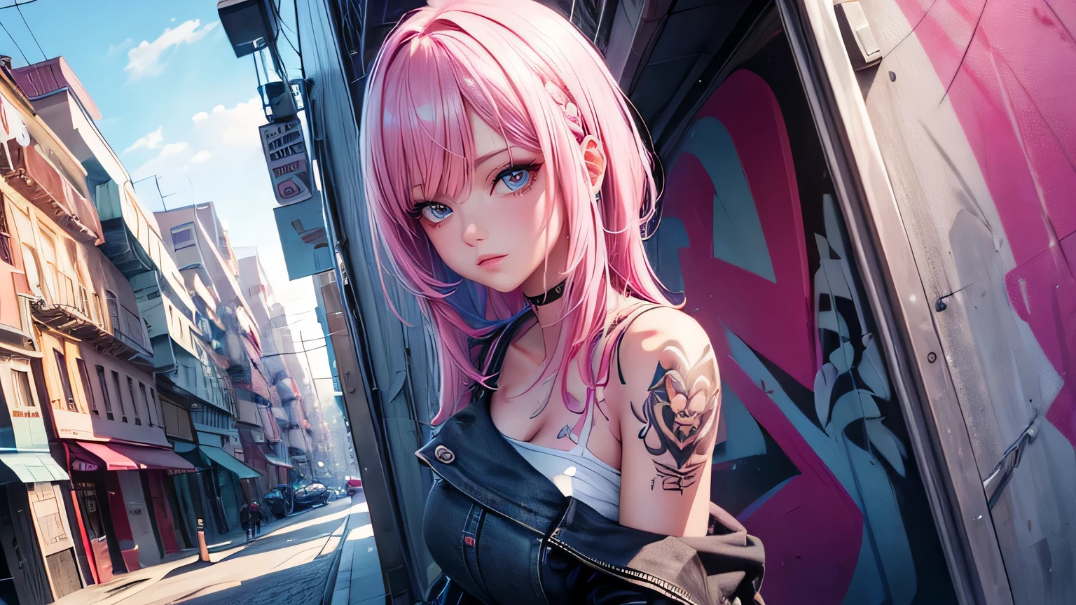 Sexy woman,Beautiful pink and light blue hair Cinema lighting, Ultra-high resolution, Accurate, Super detailed, Textured skin, High detail, highest quality, 8k,Thin bangs, Detailed Hair,Focus on the face,Graffiti WallHIP-HOP Fashion,Ripped jeans,Alley,Oblique angle,Tattoo,