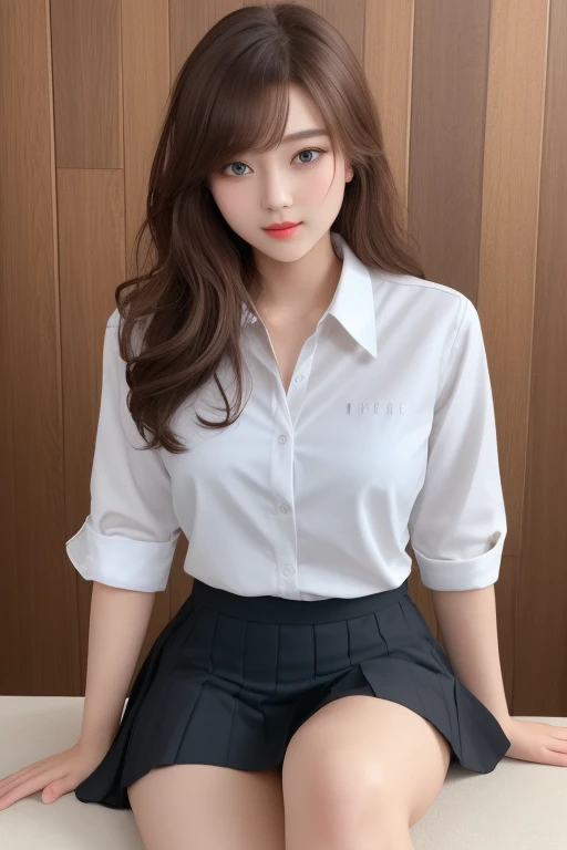 ((highest quality)), ((masterpiece)), (detailed), SLR、whole body、wallpaper、Attention to detail、Attention to detail、Serious look、Perfect proportions、Tight waist、Chestnut Hair、Beautiful Hair、Beautiful Skin、Beautiful white skin、Lustrous lips、russian actresasterpiece:1.3), Best image quality: 1.3, Rough hairstyles、Bust Size:1.2、Actively moving、Y-shirts and skirts