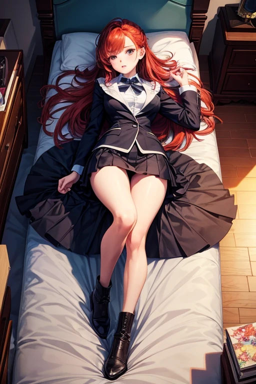Full body drawing, (masterpiece), (best quality), (hyperdetail), (illustration))), (1 girl: 1.5), (solo: 1.2), (prefect's body), full body drawing, secretary outfit, mini skirt, redhead, Lying in bed