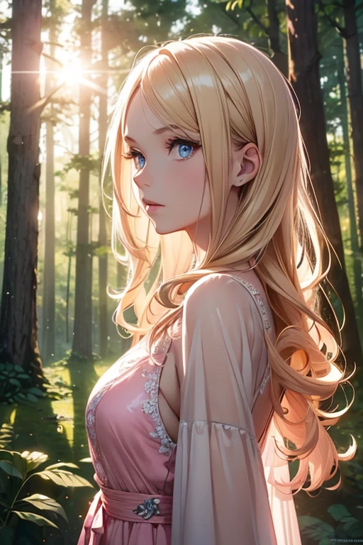 (8k), (masterpiece), (best quality), (super details), (award winning), (illustration), lens flare, there is a woman in a pink dress standing in the woods, (photography), modeling shoot, (beautiful girl), gorgeous young model, slender blonde girl, fashion photography portrait, pale skin curly blond hair
