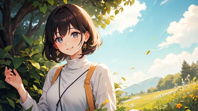 A beautiful anime woman with a bright smile, her brown hair swaying in the gentle breeze as she listens to her favorite music in a peaceful meadow. The sun shines down on her, casting a warm glow on her relaxed and content expression.