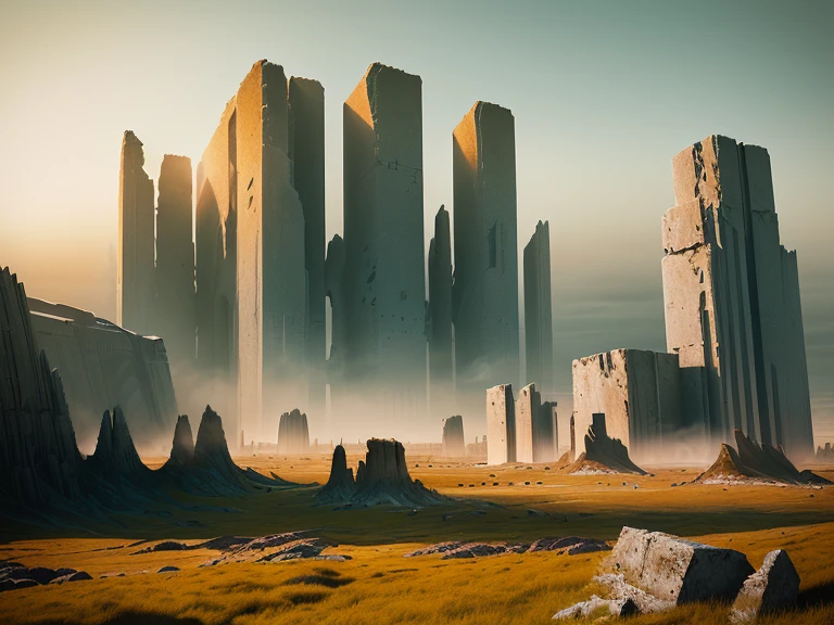 a close up of a field with a bunch of tall buildings, alien tundra, yellow fog, giant grave structures, barren wasteland, cityscape ruins in the distance, jagged blocks of stone, barren landscape, desolated wasteland, giant tomb structures, stone colossus remains, grassy plains, white rocks made of bone, ruined alien structures, barren tundra