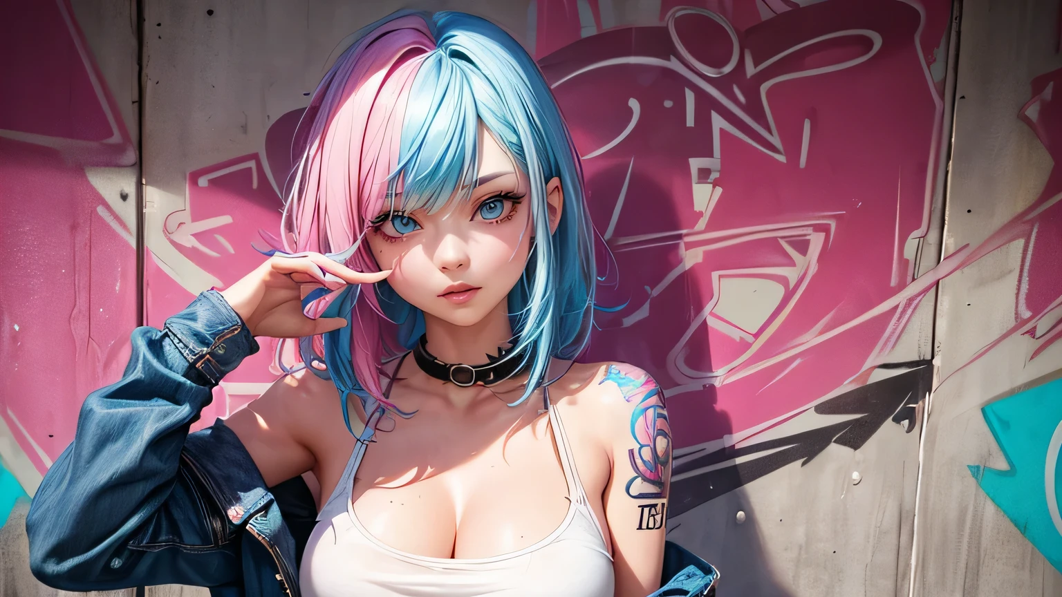 Sexy woman,Beautiful pink and light blue hair Cinema lighting, Ultra-high resolution, Accurate, Super detailed, Textured skin, High detail, highest quality, 8k,Thin bangs, Detailed Hair,Focus on the face,Graffiti WallHIP-HOP Fashion,Ripped jeans,Alley,Oblique angle,Tribal Tattoos,