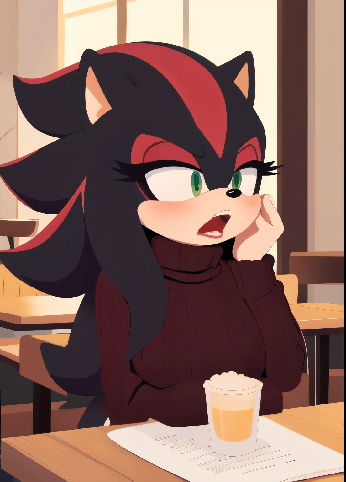score_9, score_8_up, 2D, flat color, cafe background, looking at viewer, 1girl, very detailed, extremely detailed, Shadow the Hedgehog from the sonic the hedgehog series, Shadow the hedgehog but female, Female Shadow, portrait, cut off body, shocked expression, puzzled expression, sound lines, open mouth, makeup, light on the lipstick, hair down, long hair, turtleneck sweater, sitting at table, on a date, large bust, milf, looking down at her chest
