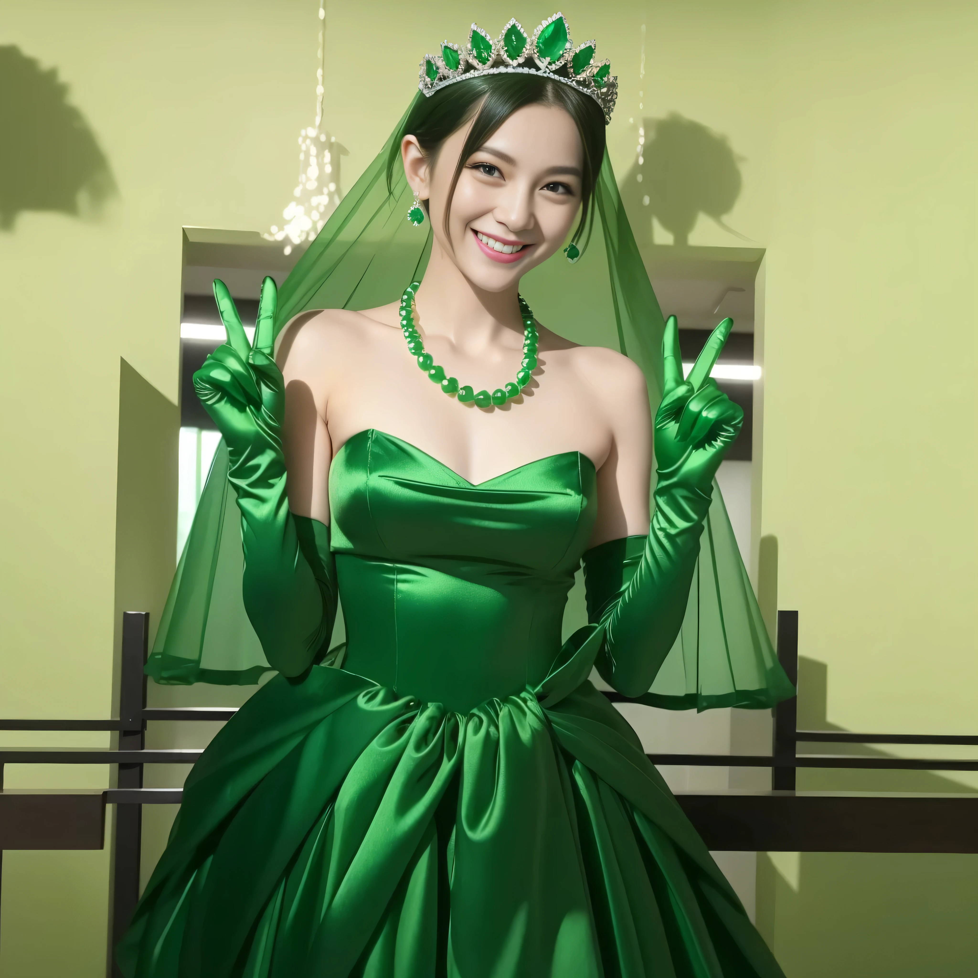 Emerald tiara, Green Pearl Necklace, Boyish very short green hair, lipstick, Smiling Japan woman in her 30s, Very short hair, Big and beautiful, Green Eyes, Long green satin gloves, Big Breasts, V sign, Emerald Earrings, Green veil
