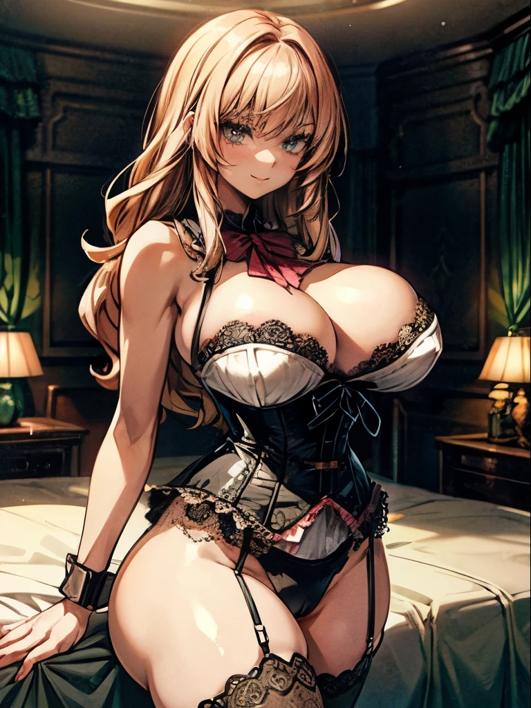 Anime, a glamour shot of a smiling , wavy hair, bustg ass, Stang demurely with her legs crossed in a bedroom, long sexy legs, ling toward the viewer, with Smokey eyes and knowing smile wearing a revealing corset, lace stockings, insanely detailed face and eyes, intricate, hyper-detailed bedroom, digital illustration, masterpiece, beautiful eyes, atmospheric lighting, centered, perfect anatomy, glowing eyes, candid portrait, clear, very detailed, smooth, sharp focus, focused on the viewer, facing the viewer