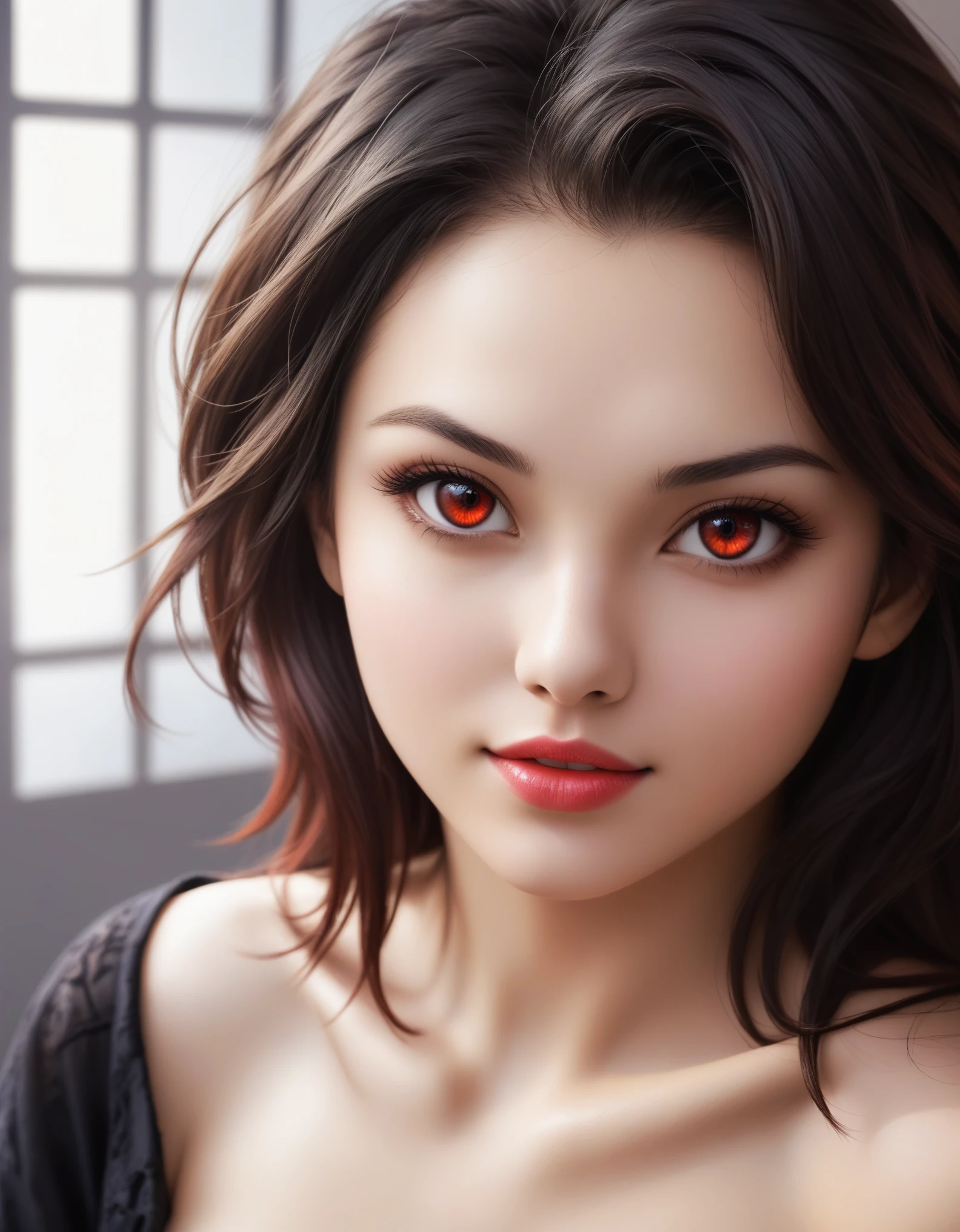 (masterpiece), (highest quality), ultra high res, (dark art:1.3), deep shadow, dark theme, red eyes, glowing eyes, dark lips, slit pupils, aura eyes, cinematic, light red eyes