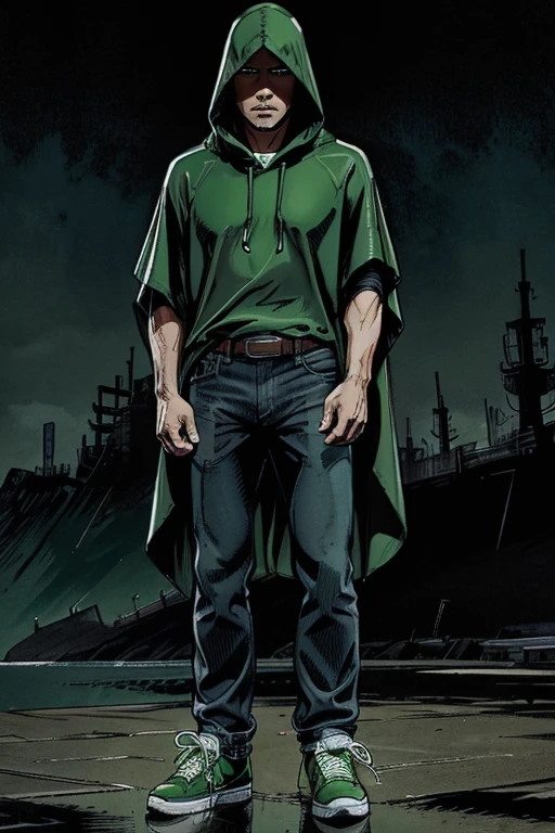 Man in Hooded poncho poncho poncho Closed Closed poncho Raincoat Color: Green and darkened face cap and jeans and converse sneakers Heroic Presence Serious and strong pose Rolled-up sleeves