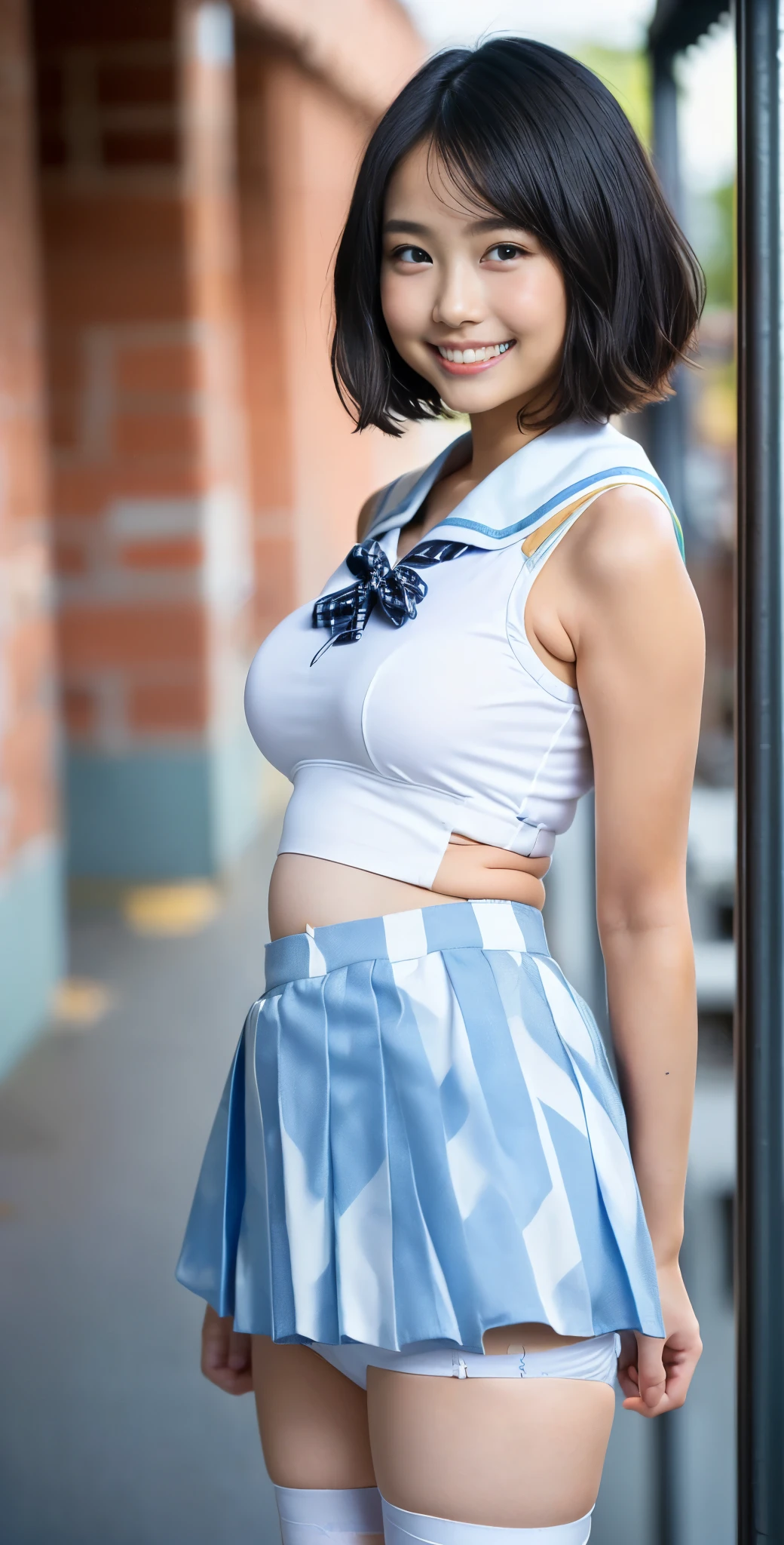 (8k、Raw photography、highest quality、masterpiece:1.2),(Black-haired、Very short hair:1.8),(ponytail:1.3)、View Audience,Viewed from the front,White skin,(High school girls、The upper body is a light blue school uniform:1.8)、(Narrow waist:1.7)、(Clothes that accentuate the shape of the breasts:1.0)、(Checkered Skirt、Big Breasts :1.3)、Slim figure、Ultra-high resolution,beautiful,beautiful fece,(one person、No background:1.9),whole bodyボディー,Japanese women,(Realistic:1.37)、Photon Mapping,reality、(-faced and cute: 1.6)、(Cute Smile: 1.8)、(round face: 1.8)、Radio City、Physically Based Rendering、Depth of field rally background、photograph, (I can see your knees、Cute patterned white panties、Thigh close-up:1.8),(:1.4),whole body、Super quality