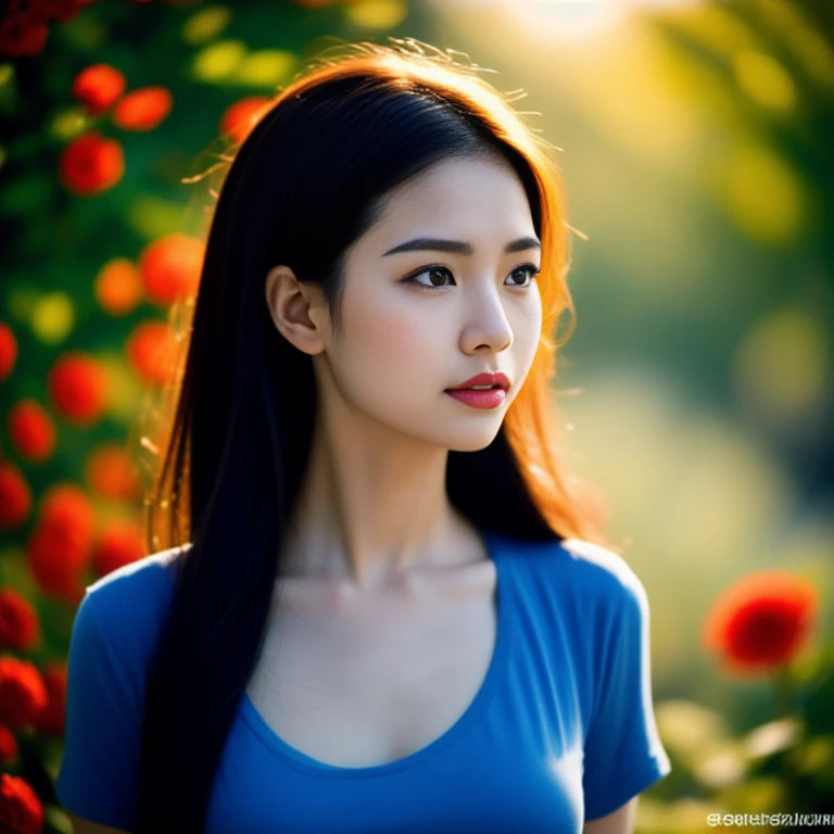 Beautiful Thai woman, 25 years old, with a clearly focused face., Her long ponytail flowed up.,Chest 36 inches “Dark blue t-shirt., Looking straight at you intently, with red flowers, ชนบทท้องฟ้ากลางคืนสว่างWarm light,) Warm light,) professional lighting, Sony A7R4, 50mm sessile lens. Warm light ถ่ายด้วยกล้องคุณภาพสูง 45,000,000,000,Pixels, realistic light colors,