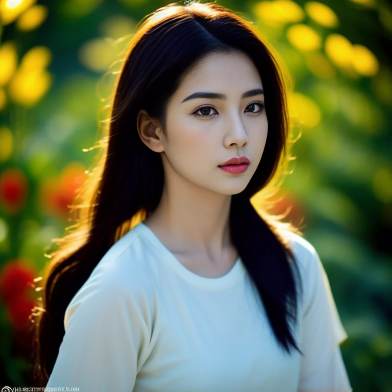 Beautiful Thai woman, 25 years old, with a clearly focused face., Her long ponytail flowed up.,Chest 36 inches “Dark blue t-shirt., Looking straight at you intently, with red flowers, ชนบทท้องฟ้ากลางคืนสว่างWarm light,) Warm light,)  professional lighting, Sony A7R4, 50mm sessile lens. Warm light ถ่ายด้วยกล้องคุณภาพสูง 45,000,000,000,Pixels, realistic light colors,