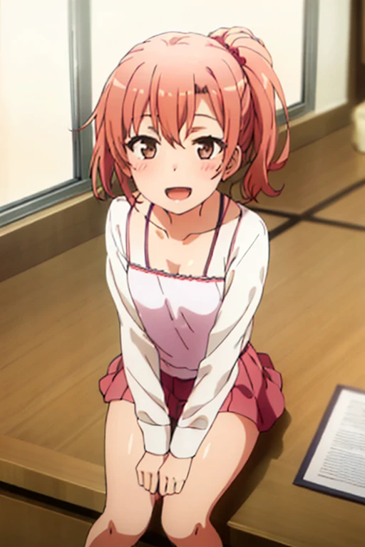 ((highest quality)), ((masterpiece)), (be familiar with), Perfect Face, indoor, Bedroom, Watching the audience,
One woman, Yuigahama Yui,
Open Mouth, Ecstatic expression, blush, smile,
Small breasts, Flat Chest, Young Girl, , , Girl,
Short Hair, Salmon-colored hair, Salmon-colored eyes, Side Pony,
Leg spread,