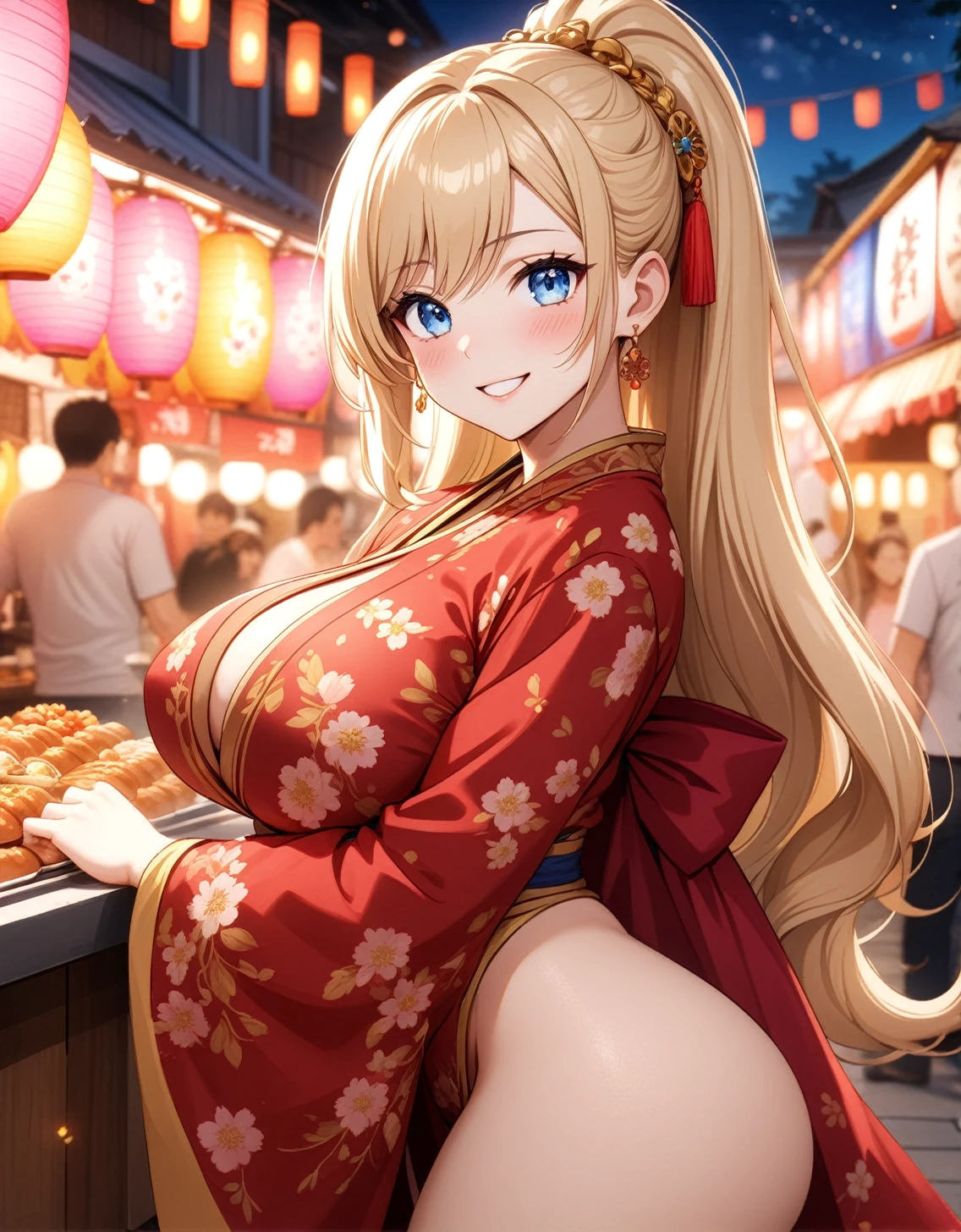 ((One girl)), Beautiful smile,Very happy expression,Open your mouth wide,Glossy Lips,Abstract, night,Festival food stalls, ((Anime style background)),masterpiece, highest quality, so beautiful, Absurd, up to date, Complex details, Pink long nails,AI-generated, Complex,High resolution, highest quality, super high quality,3D Images、View the viewers、3D Images,one person,Long Blonde Hair,High Ponytail,blue eyes,Anime woman posing for a photo, [[Fine grain、Colorful eyes、Shining Eyes:1.15]],(Squint your eyes:1.1),a hyperRealistic , hyperRealistic , Realistic , Blonde anime woman with long hair, Smooth anime CG art, Colorful courtesan woman with gold embroidery, Red kimono,Pink floral pattern,Flower Hair Ornaments,Earrings,(Large Breasts:1.3),Mature Body,tall,Big Ass,Fine details,Abdominal muscles,Tilt your face,
